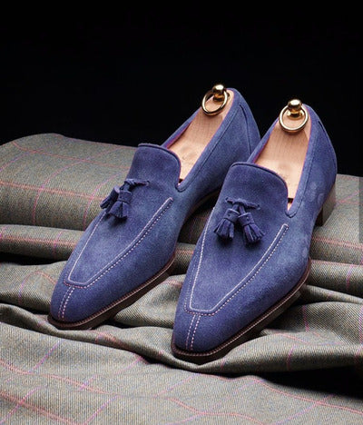 twinkle Af storm Badekar Handmade Men's Loafer Shoes, Men's Blue Suede Loafer Slip on Tassels Shoes.  | leathersguru