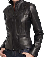 Load image into Gallery viewer, Handmade women black Leather Jacket, women brown biker Leather Jacket, Stand collar women leather jacket
