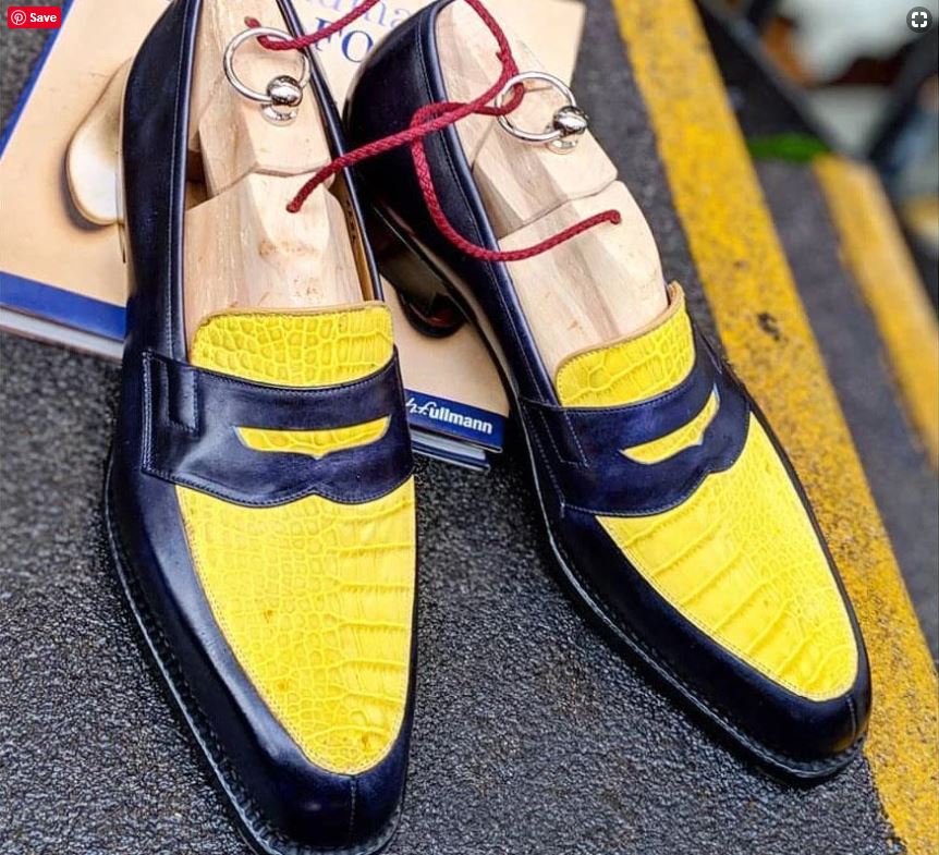 Men's Handmade Yellow & Black Alligator & Pebbled Leather Shoes, Loafers Shoes | leathersguru