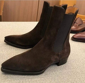 Handmade Men's Ankle High Suede Brown Chelsea Boot - leathersguru