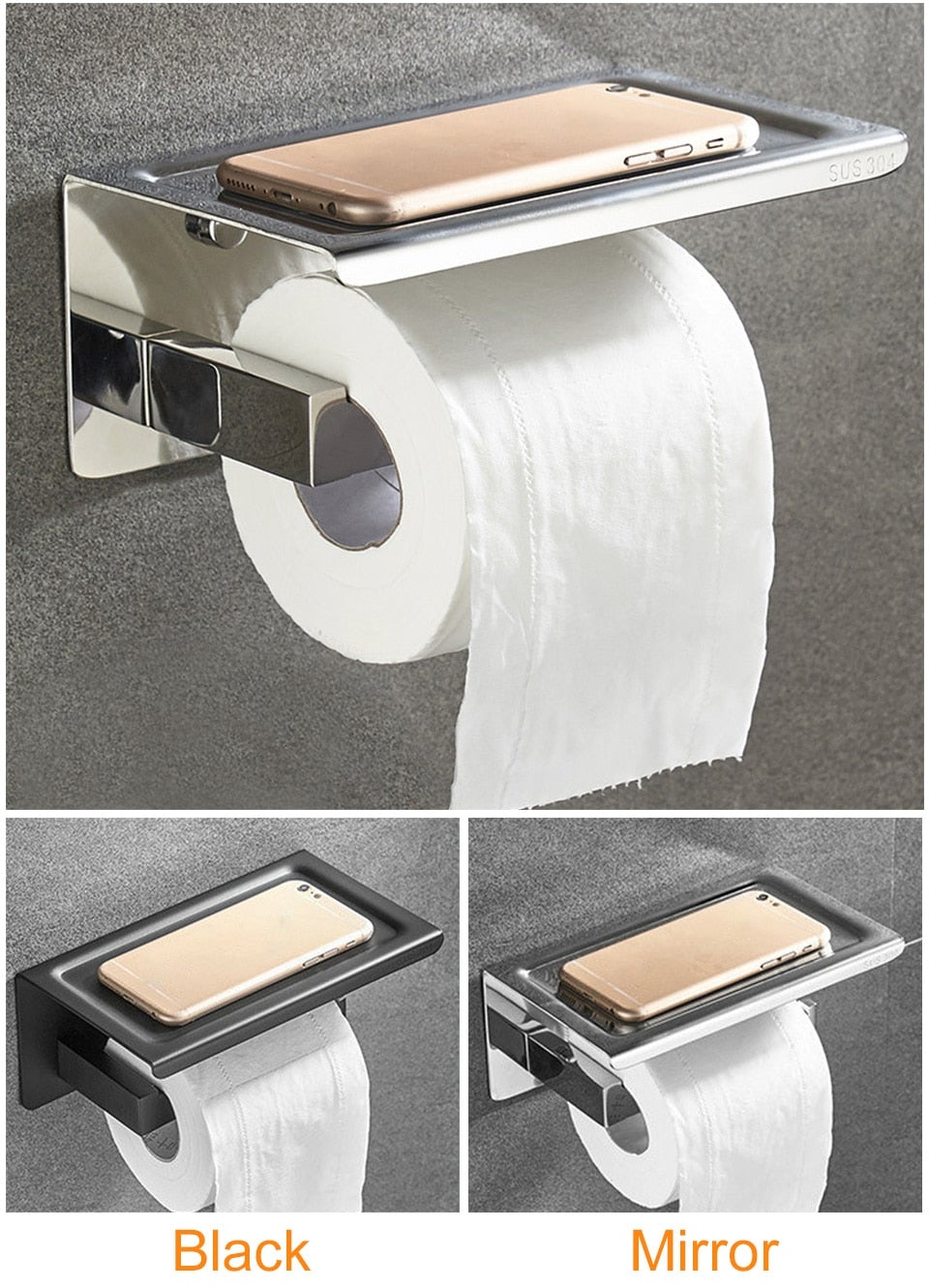SUS 304 Stainless Steel Toilet Paper Holder with Phone Shelf Bathroom  Tissue Holder Toilet Paper Roll Holder