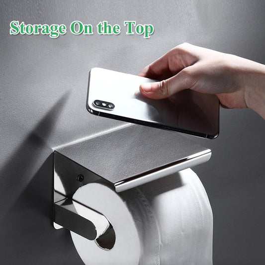 Kyoffiie Black Toilet Roll Holder Aluminum Toilet Paper Holder with Phone Shelf Wall Mounted Toilet Roll Holder with Screws Durable Anti-rust Toilet