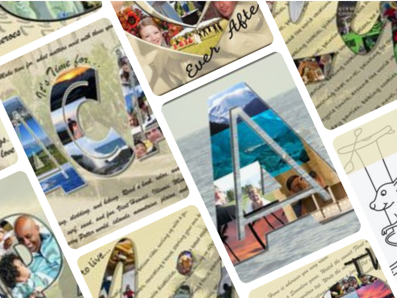 Set of images from our Pinterest pins banner featuring collages from products: VACAY, LIFE, NAMES & INITIALS, COLORING BOOK, and more