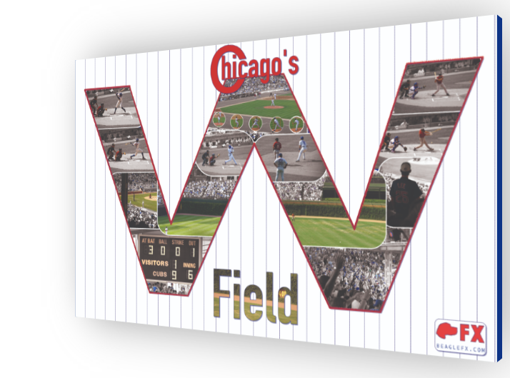 Wrigley Field photo design from Beagle FX. "W" in center with Cubs game photos and custom "stitching" effect in correct colors