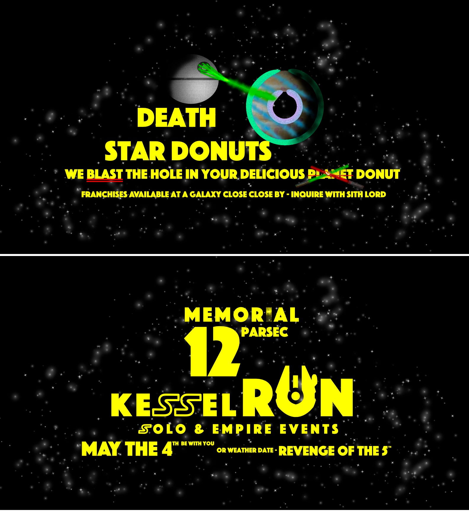 Faux sponsors or Star Wars themed jersey from Beagle FX features Death Star Donut shop and Han Solo memorial run