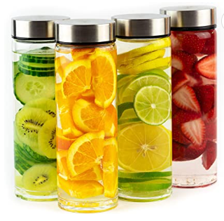 glass water bottles with fruit slices