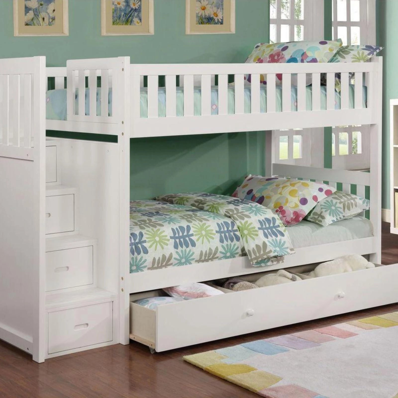 white twin over twin bunk bed with stairs