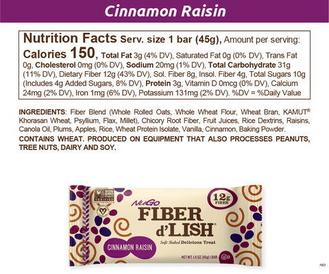 NuGo Fiber d'LIsh Cinnamon Raisin Nutrition Facts