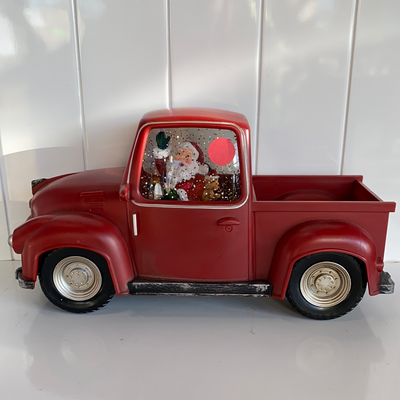 Red Truck Water Globe Lantern with Santa and Dog