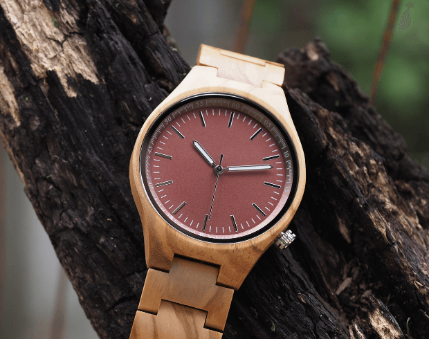 zebrawood wooden watch on a tree stump