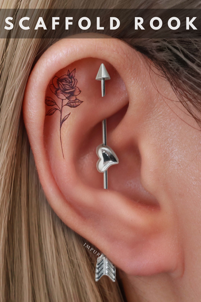 rook scaffold piercing with barbell earring - impuria ear piercing jewelry