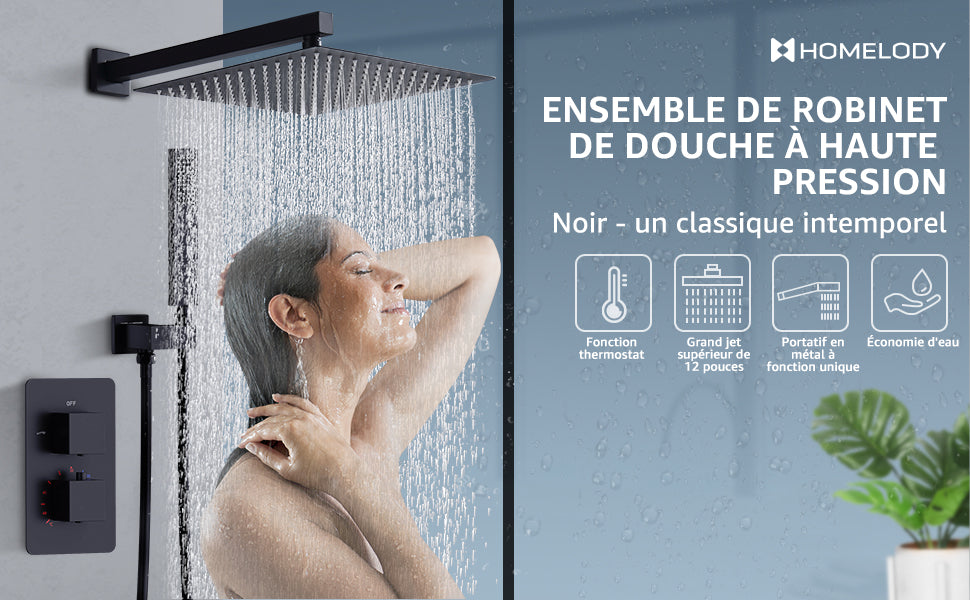 HOMELODY set de douche encastré pluie thermostatique noire laiton –  Homelody-fr