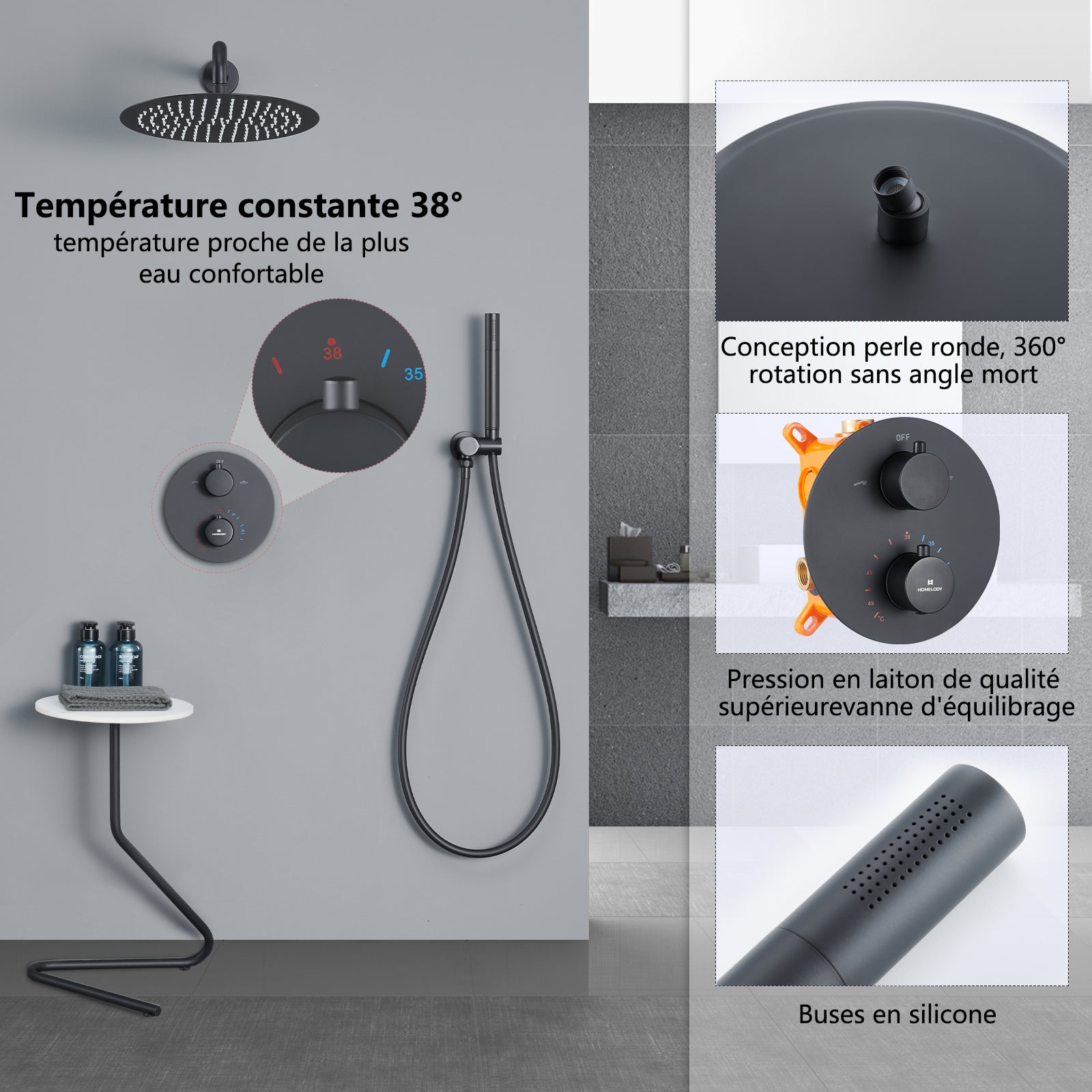 Homelody kit de douche à encastrer noir/chrome thermostatique laiton –  Homelody-fr