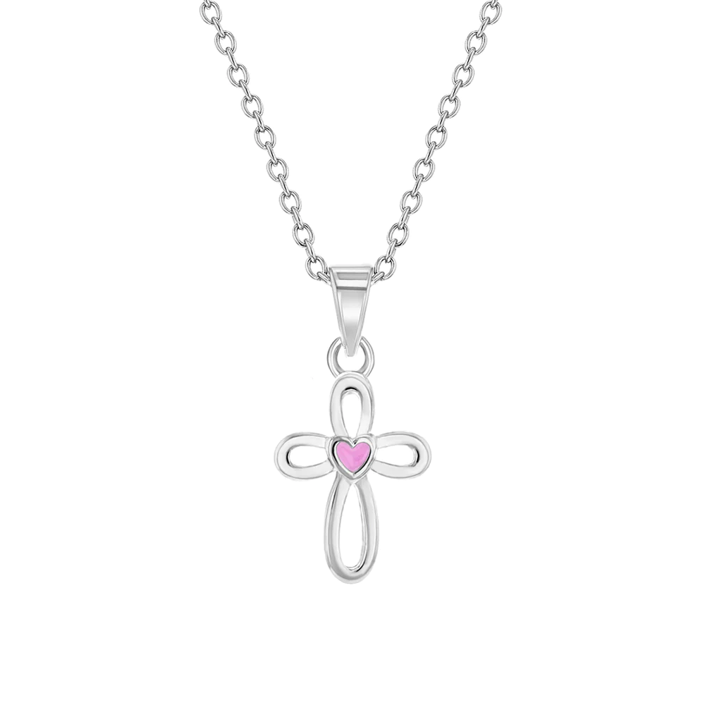Kids Pink Open Cross Silver Necklace