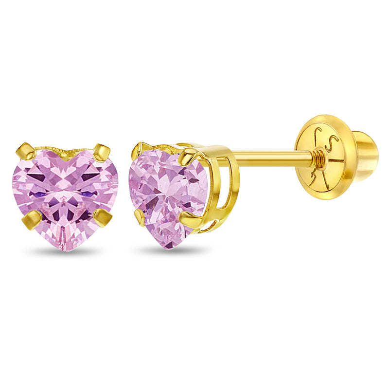 Classic Heart CZ Solitaire Pink Zirconia Kids Earrings