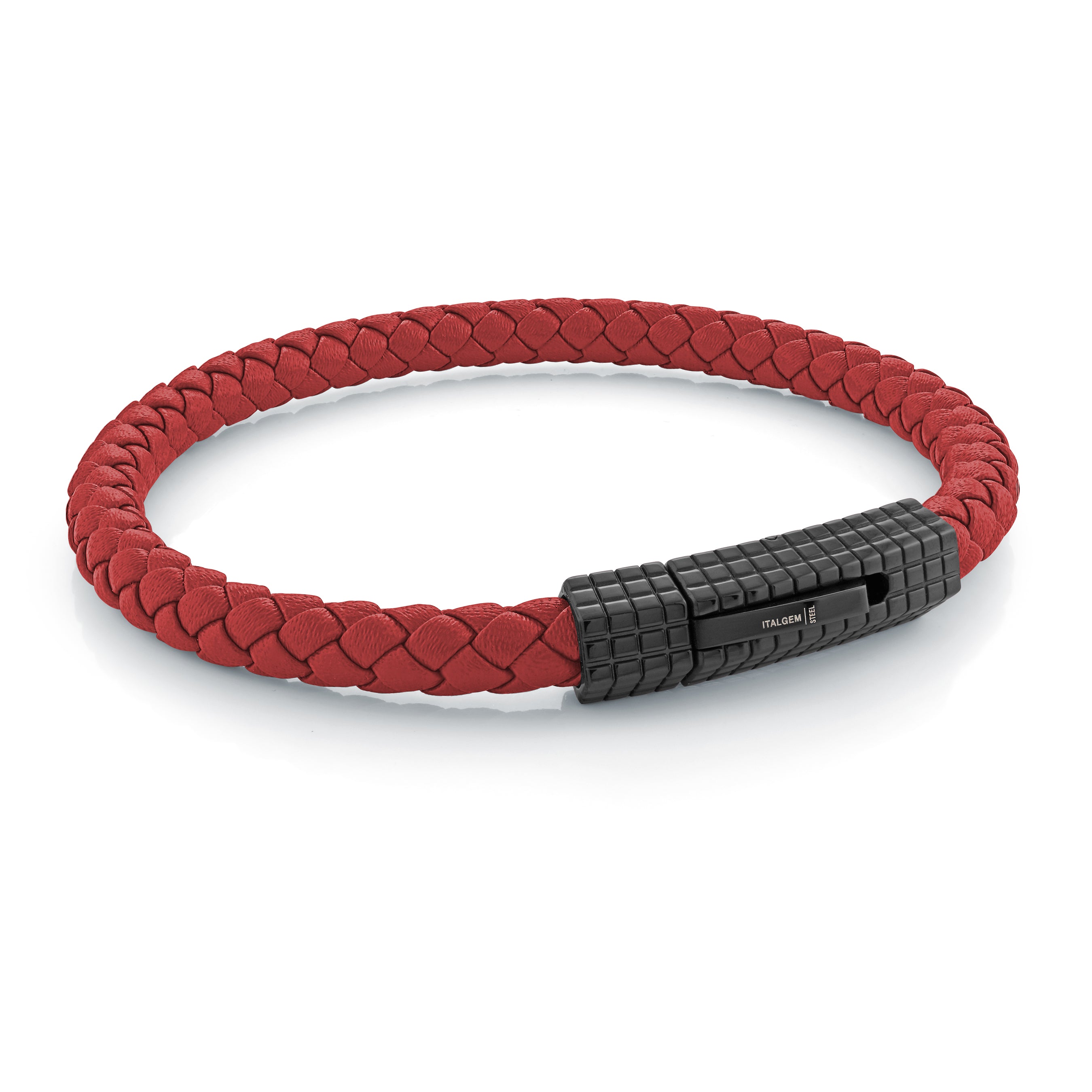 Red Leather Black Steel Bracelet