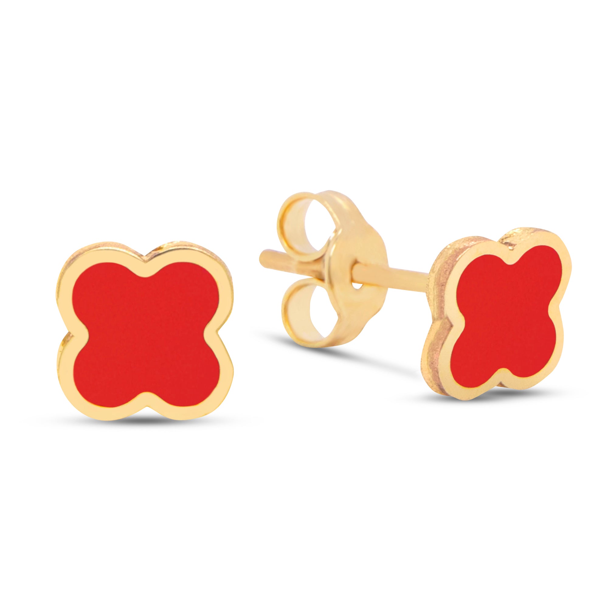 Clover Inlay Red Coral Stud Earrings