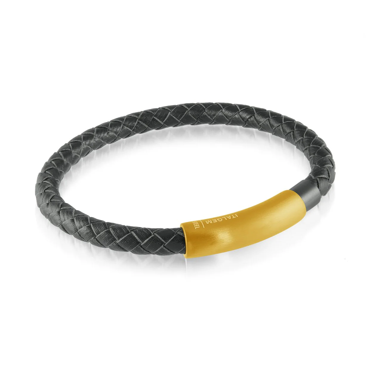 Golden Steel Magnetic Black Leather Steel Bracelet