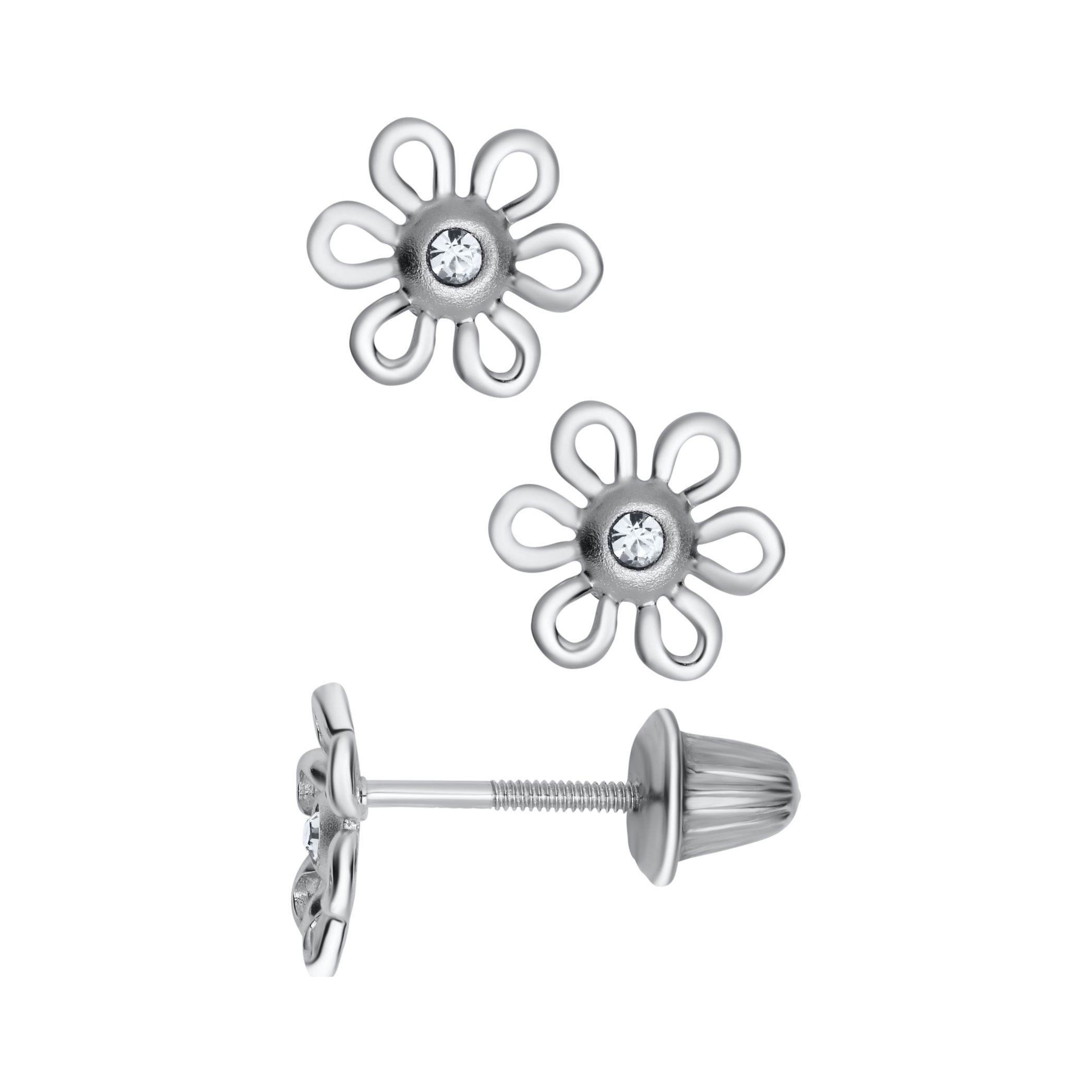 Silver Diamond Flower Stud Earrings