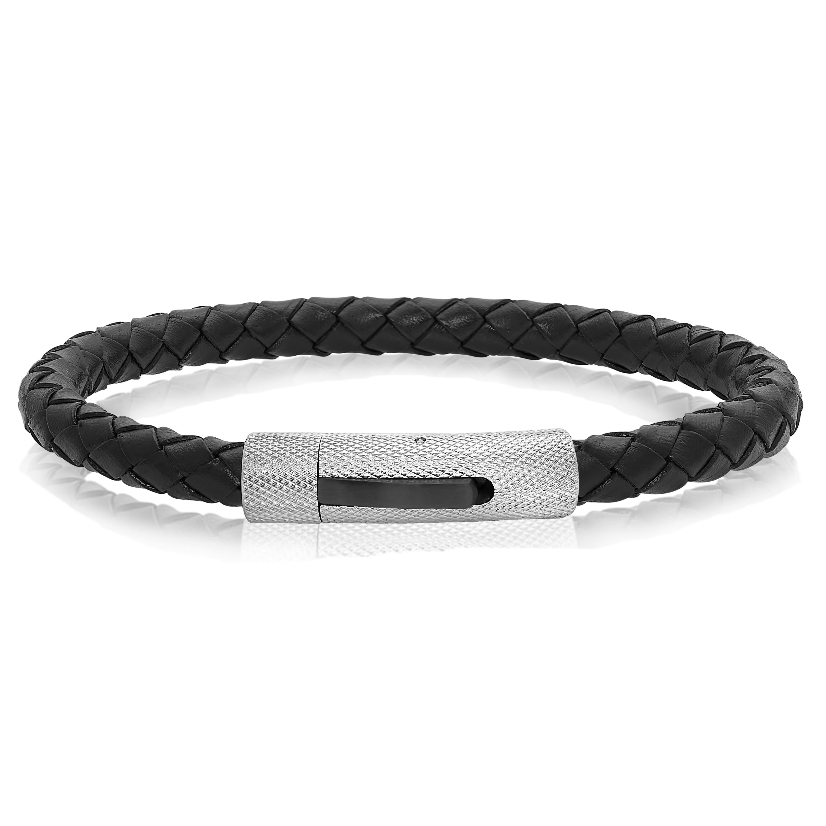 Black Leather Checkered Clasp Steel Bracelet