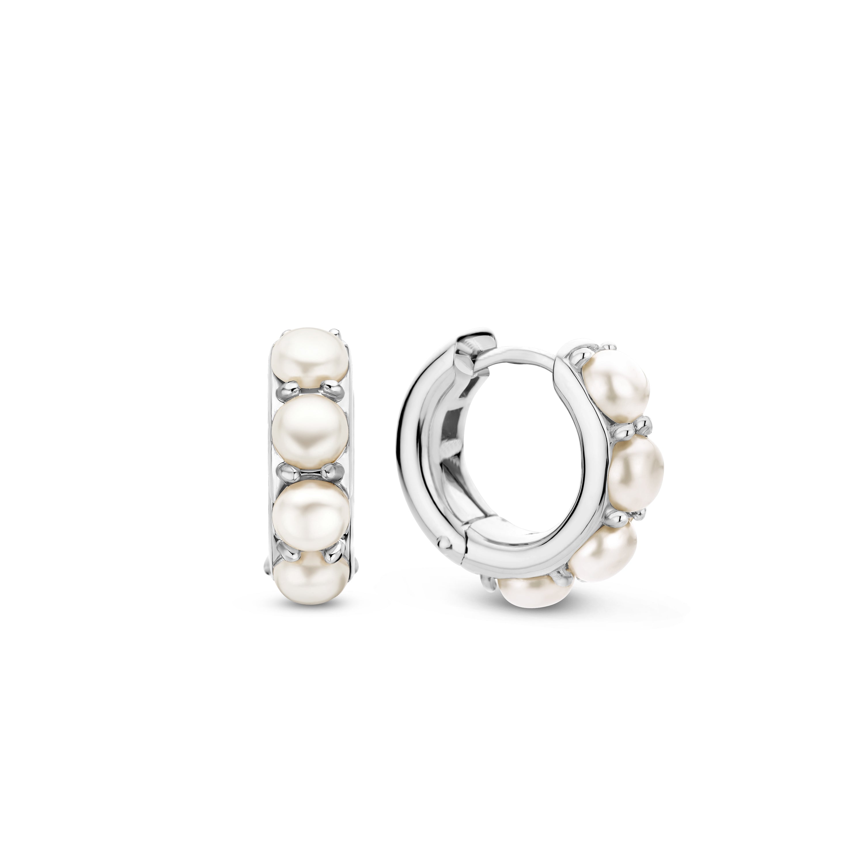 Pearl Cluster Silver Huggie Earrings