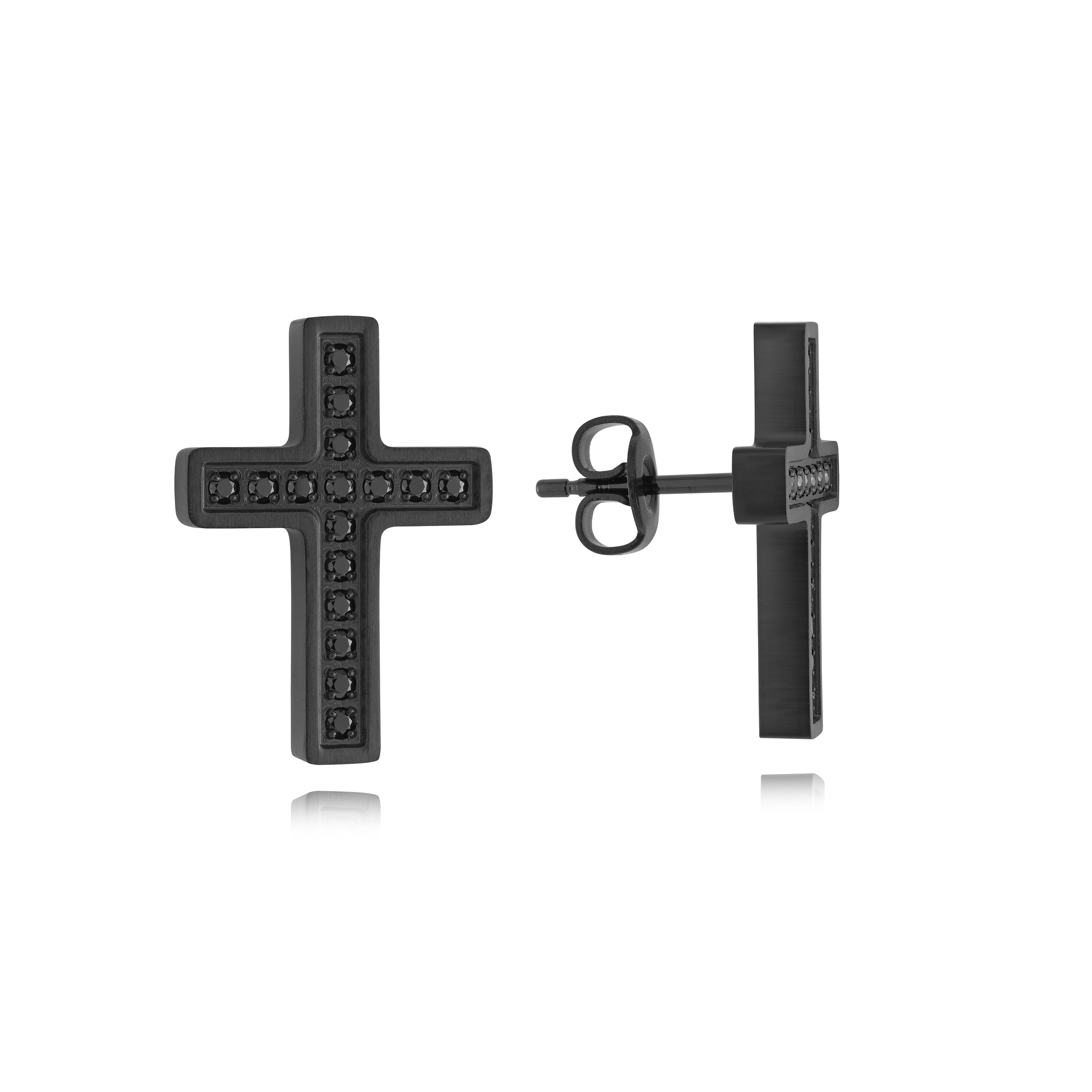 Black IP Black Zirconia Cross Stud Earrings