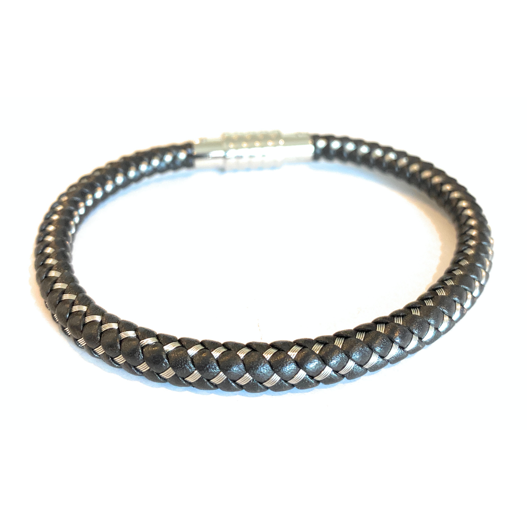 Light Brown Leather and Steel Braided Bracelet