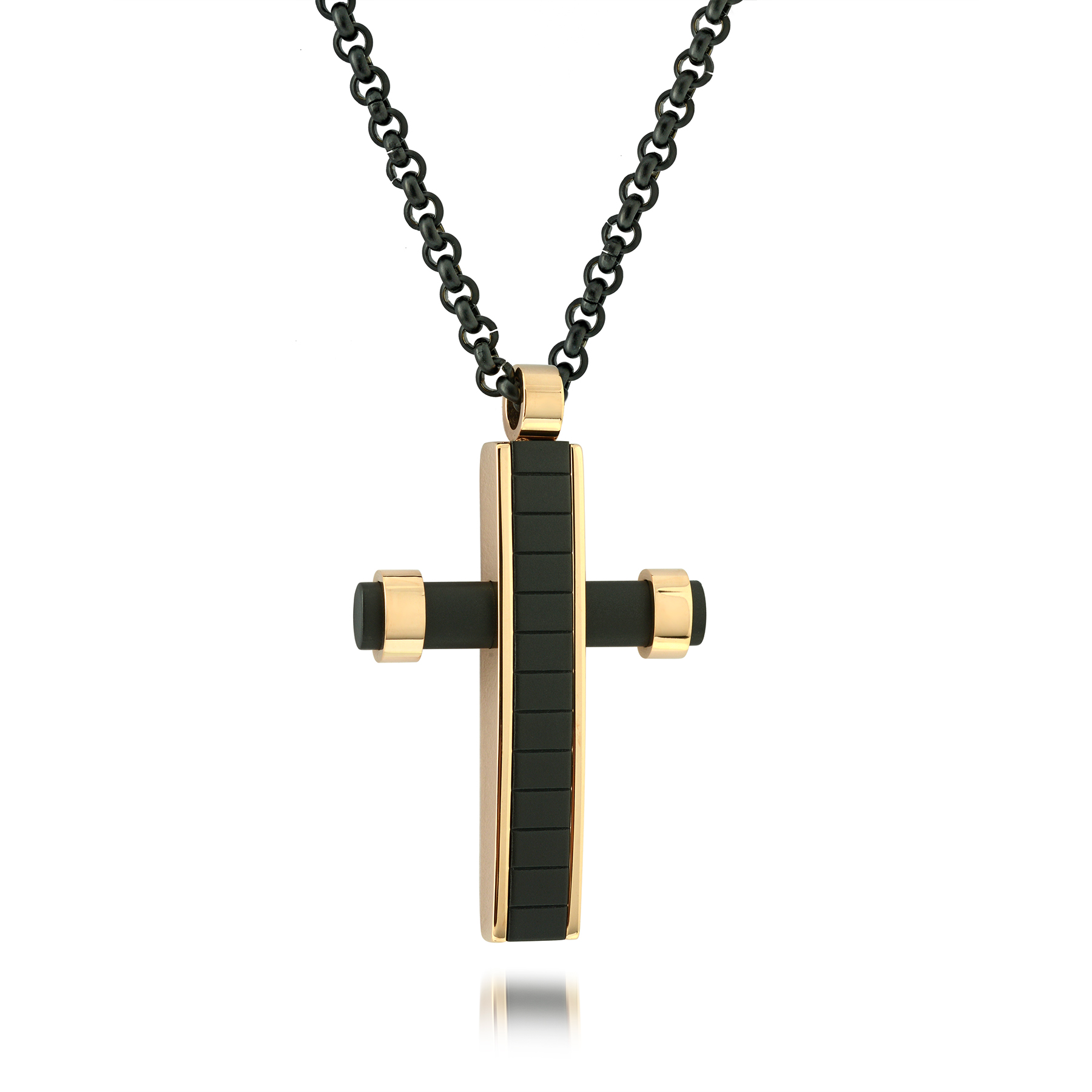 Black Yellow IP Steel Cross Round Box Necklace