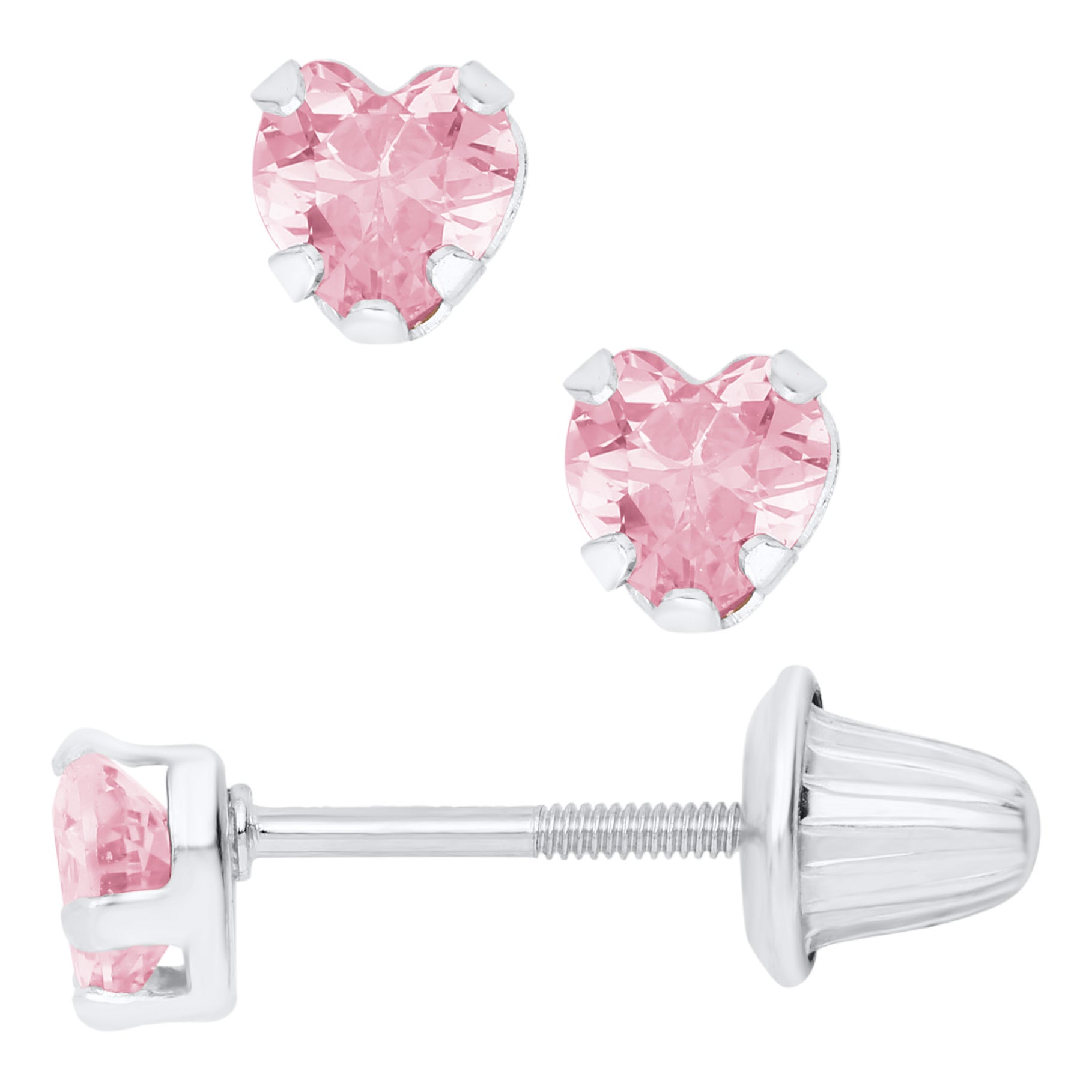 White Gold Pink Heart Kids Earrings