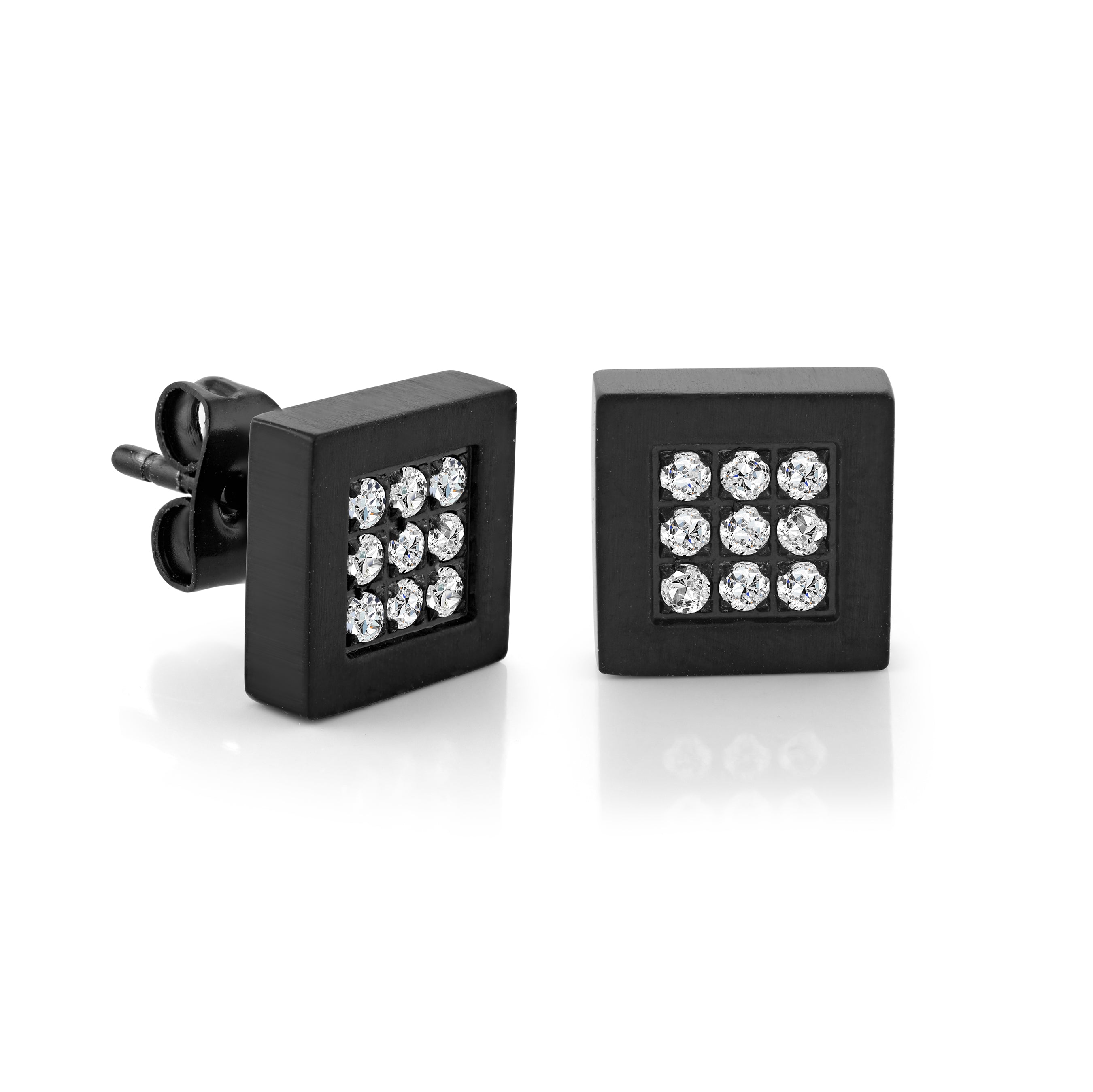 Black IP Clear Zirconia Square Stud Earrings