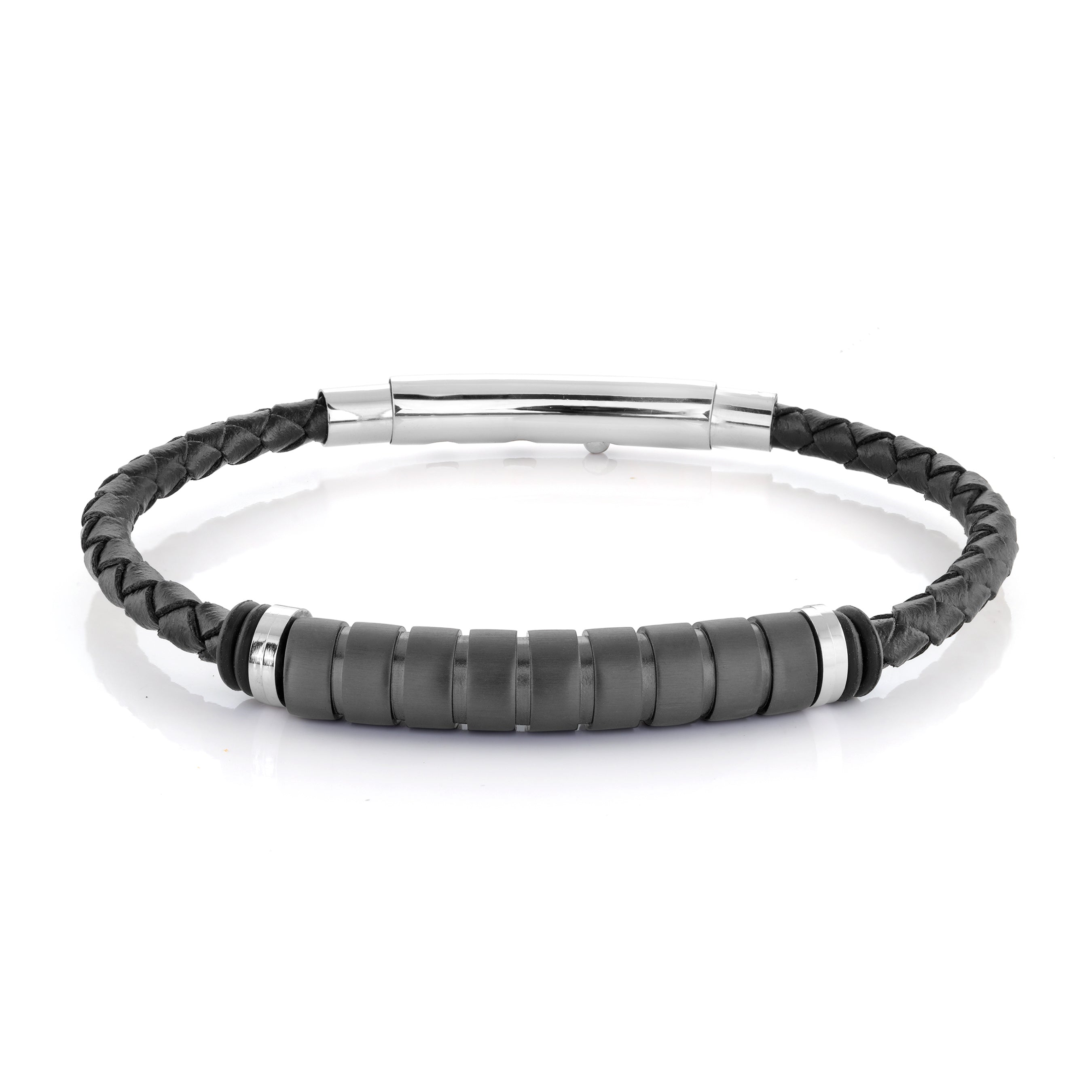 Steel/Black IP Matte Leather Bracelet