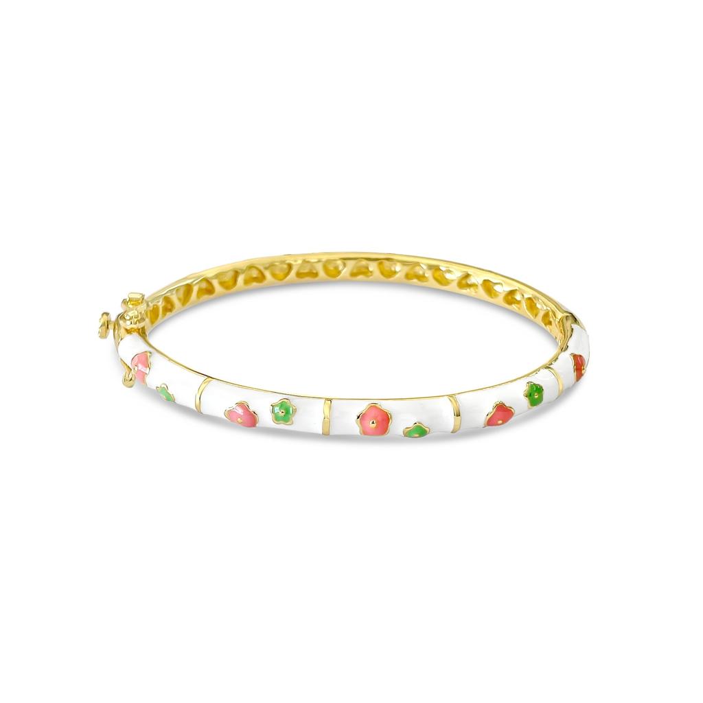 White, Green, Peach Flowers Kids Bangle Bracelet