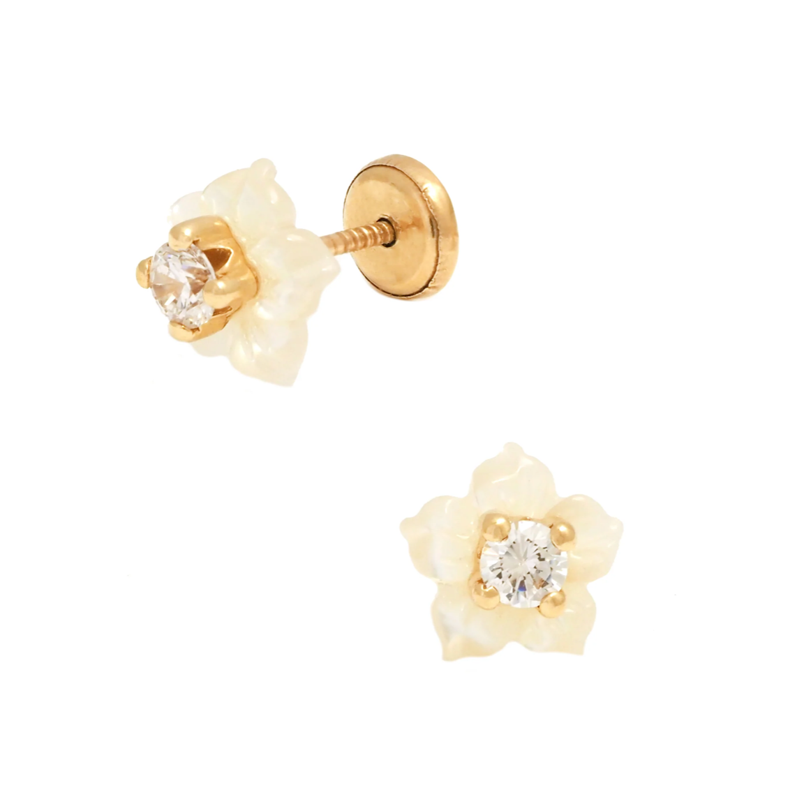 Mother Pearl Carved Flower CZ Stud Earrings