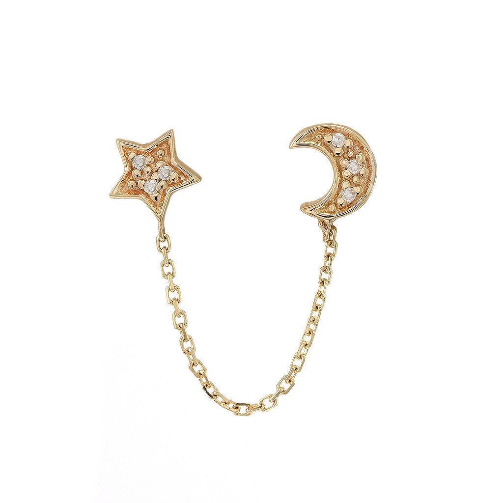 Moon and Star Chain Diamond Single Stud Earring