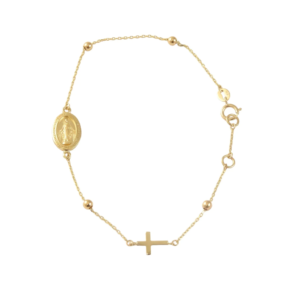 Gold Beads, Cross and Virgen Milagrosa Bracelet