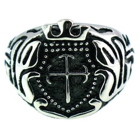 Stainless Steel Studded Filigree Cross Signet RING / CRJ2564