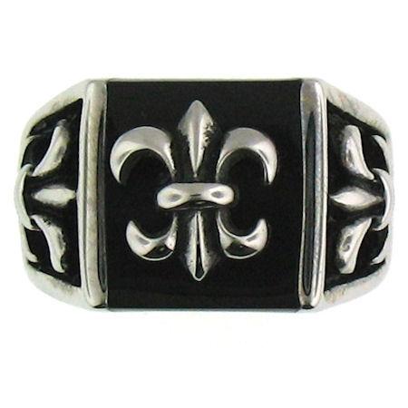 Stainless Steel Polished Black Fleur De Lis Signet RING / SCR3040