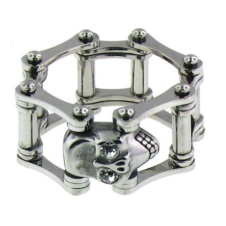 Clear CZ Eyed SKULL Bike Chain Stainless Steel Ring / SCR3094