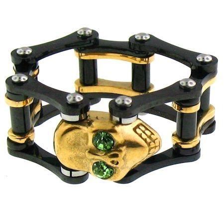 Green CZ Eyed 18K Gold Plated SKULL Black Bike Chain Stainless Steel Ring / SCR3095
