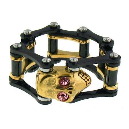 Pink CZ Eyed 18K Gold Plated SKULL Black Bike Chain Stainless Steel Ring / SCR3098