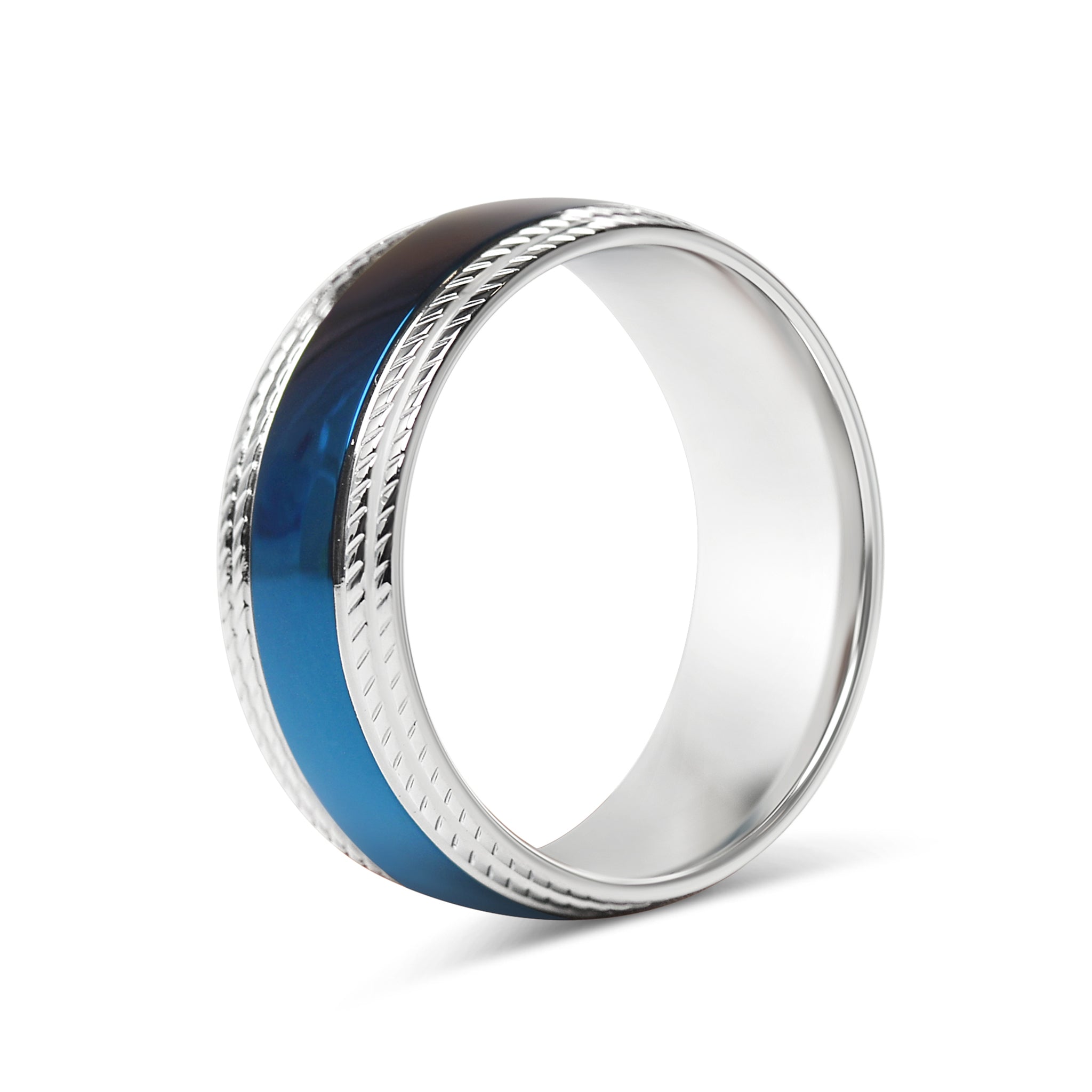 Blue Center With Lined Patterned Edge Stainless Steel Ring / CFR7003
