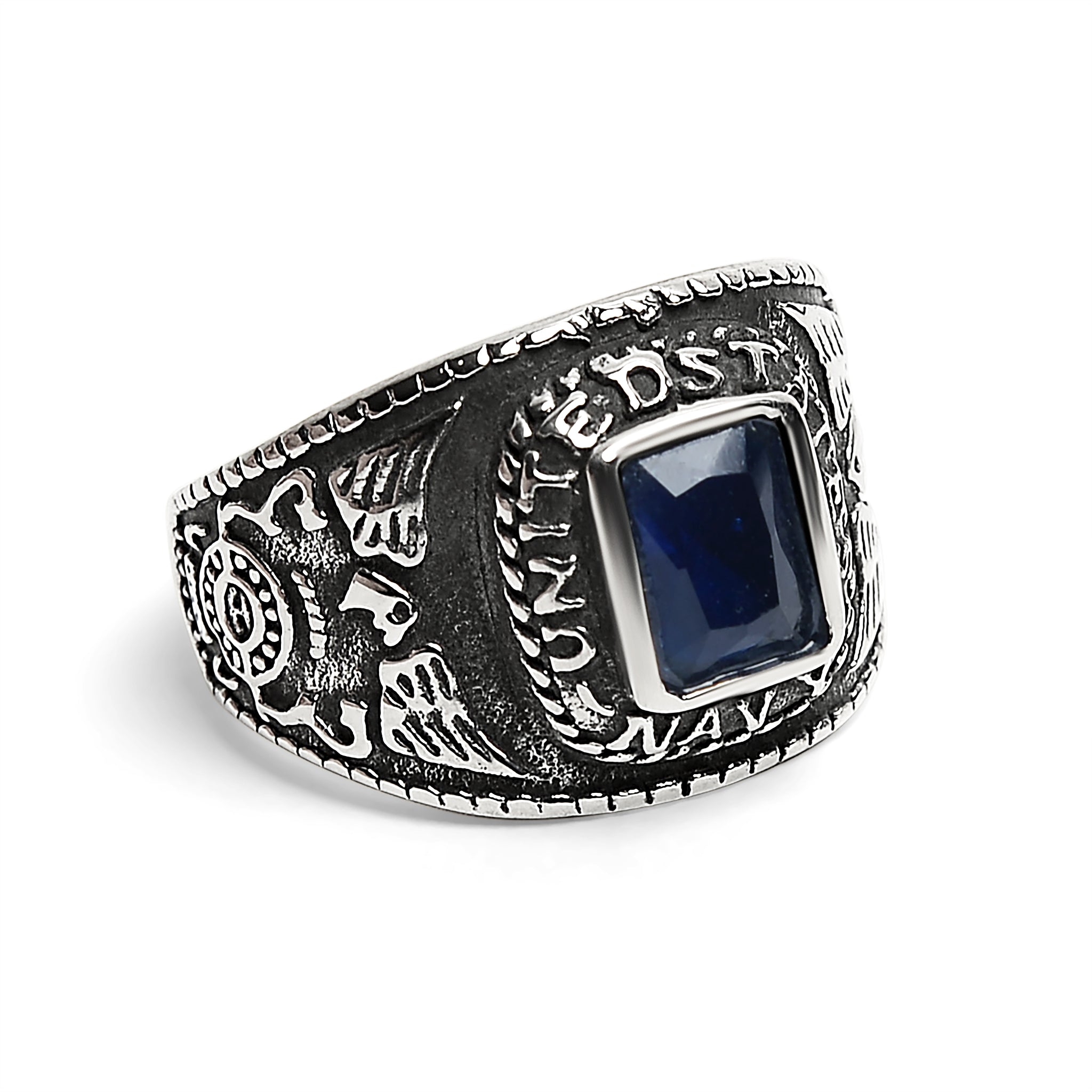 United States Navy Dark Blue Center Stone Stainless Steel Women's Ring / MCR4103