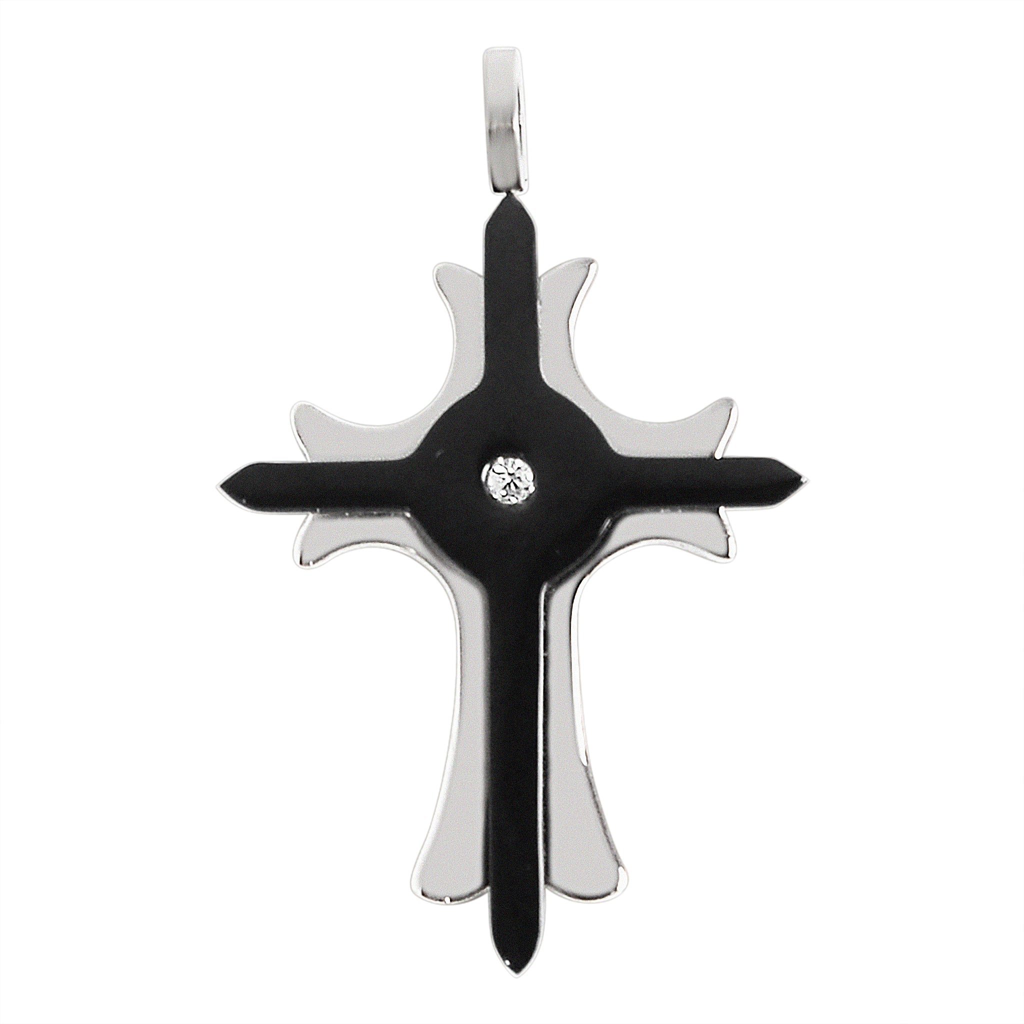 Stainless Steel CZ Center Black Layered Cross Pendant / NCZ0060