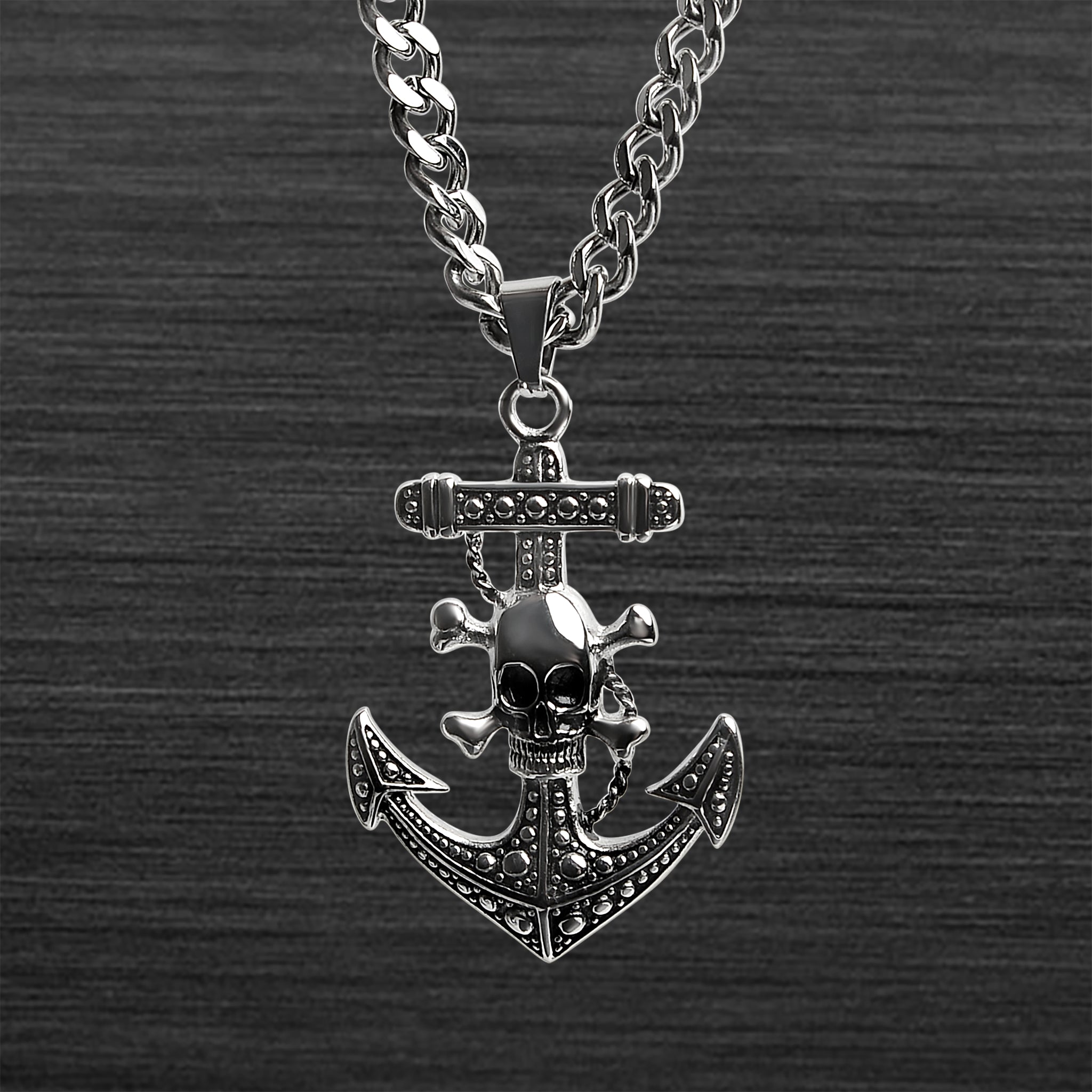 Stainless Steel SKULL And Crossbones On Anchor Rope Chain Necklace / PDC0179-RTL
