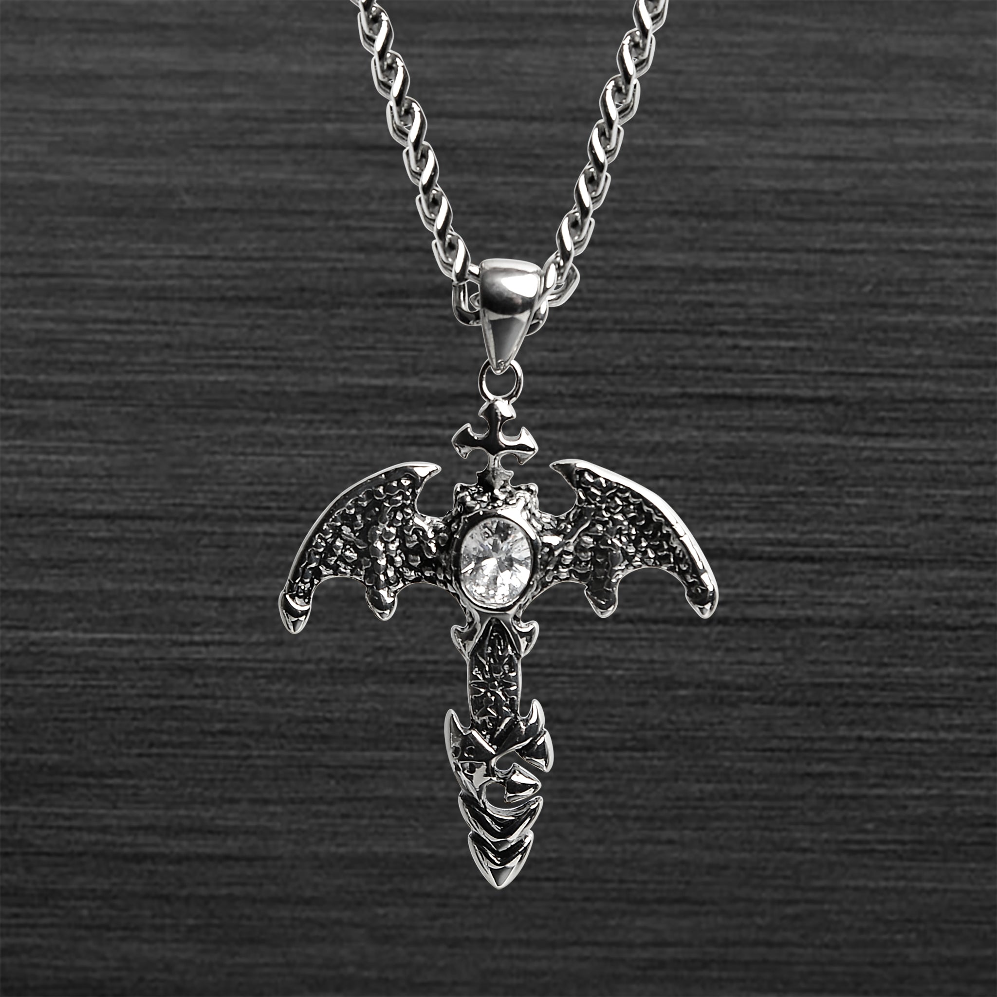 Stainless Steel Dragon Wings Cross With CZ Center Curb Chain NECKLACE / PDJ2001-RTL