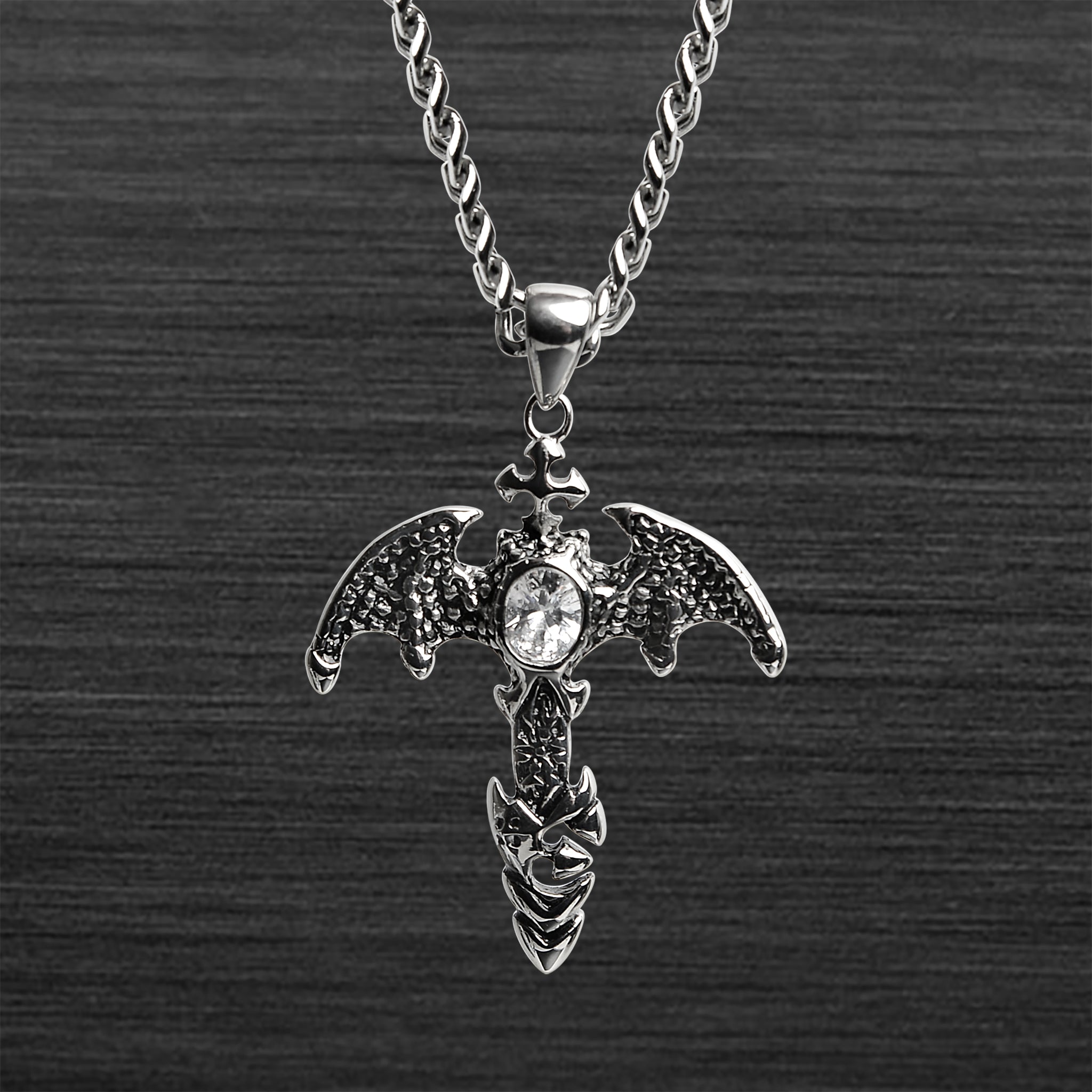 Stainless Steel DRAGON Wings Cross With CZ Center Curb Chain Necklace / PDJ2001-RTL