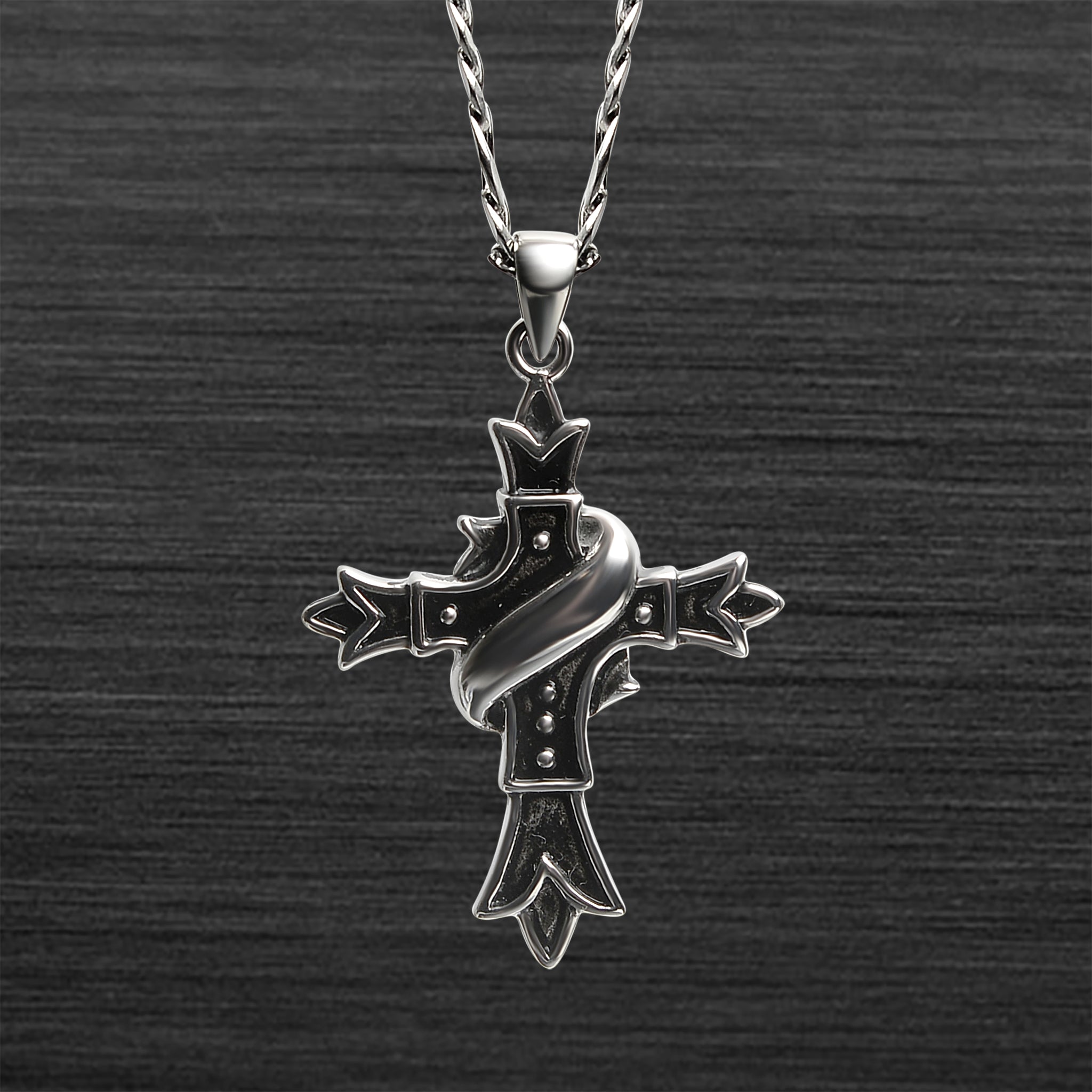 Stainless Steel Ribbon Wrapped Black Cross Figaro Chain NECKLACE / PDJ2007-RTL