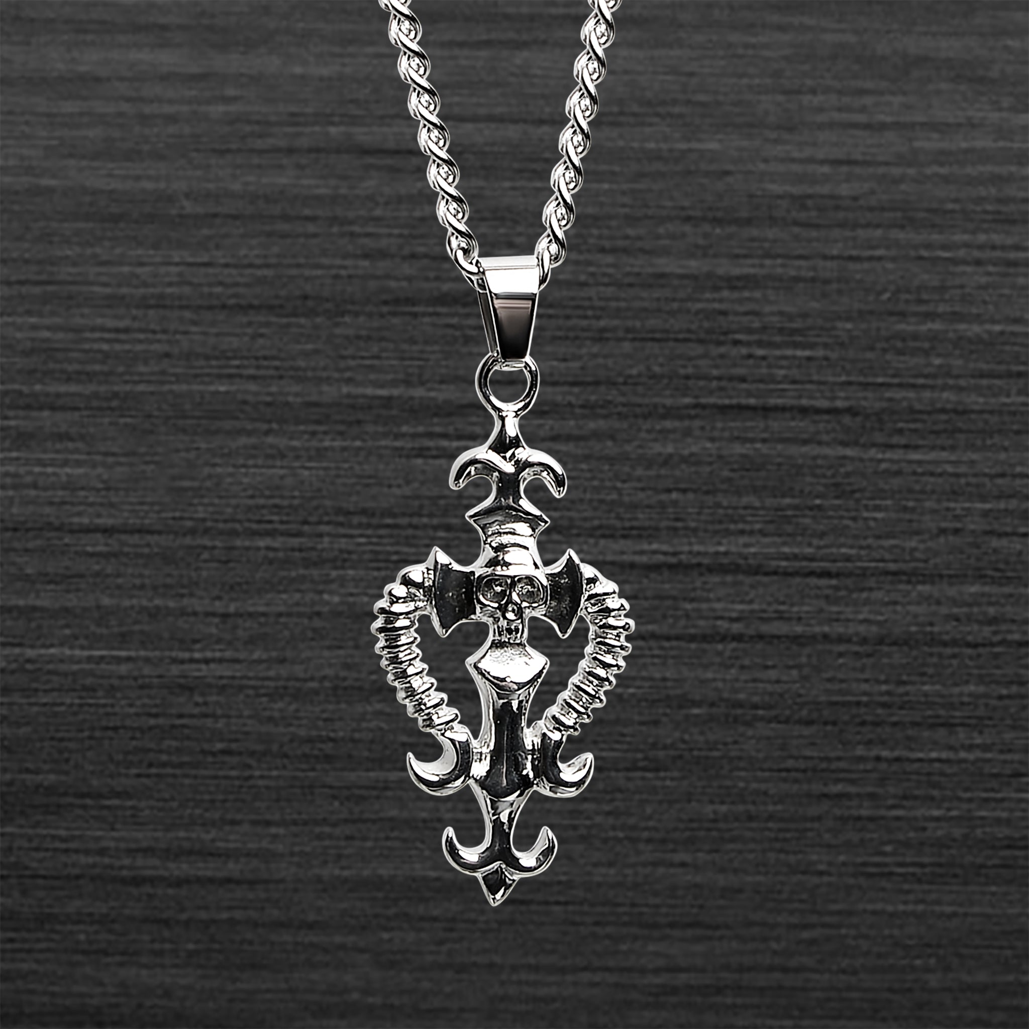 Stainless Steel Fleur De Lis SKULL And Bone Dagger Curb Chain Necklace / PDJ2838-RTL