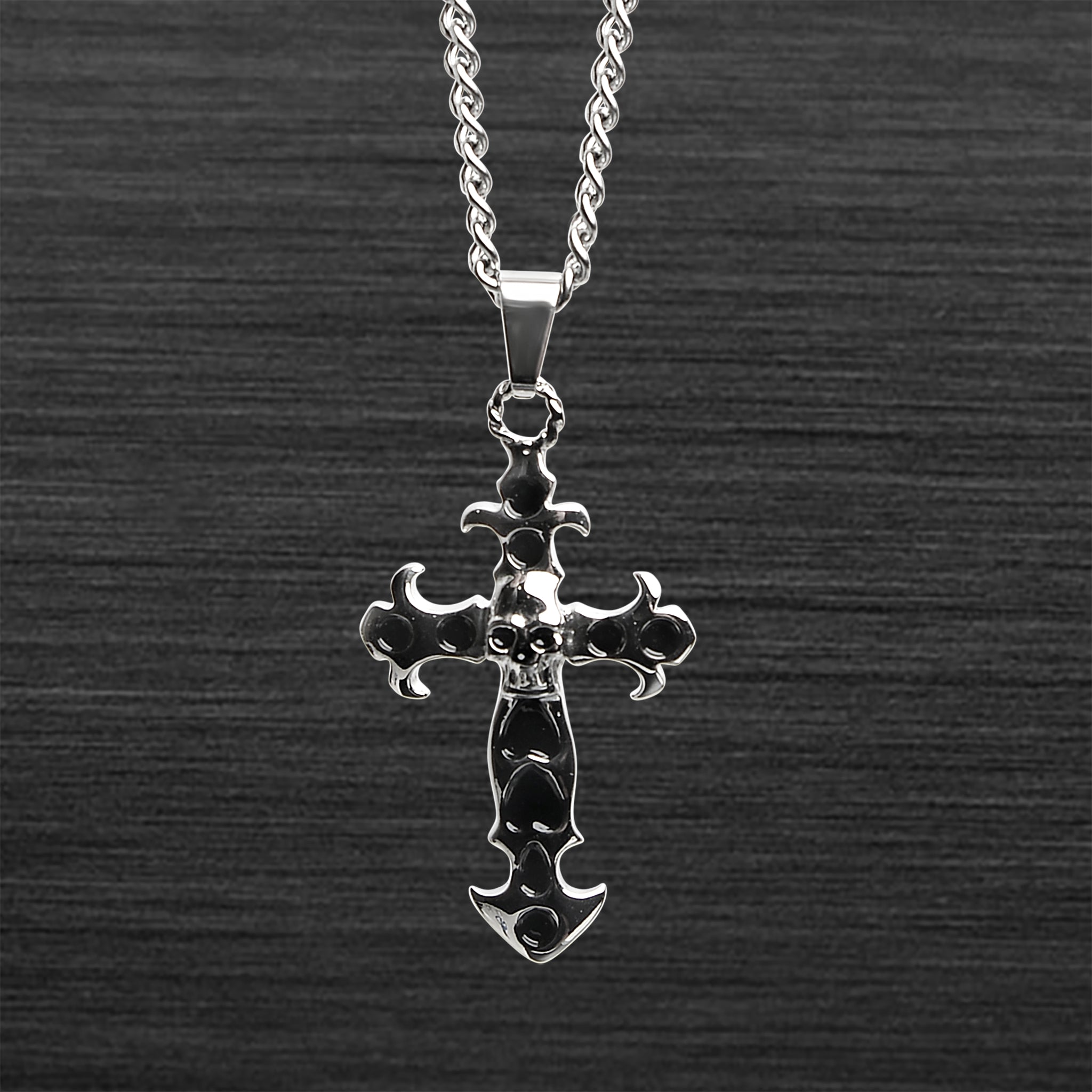 Stainless Steel And Black Cross With Skull Center Curb Chain NECKLACE / PDJ2839-RTL