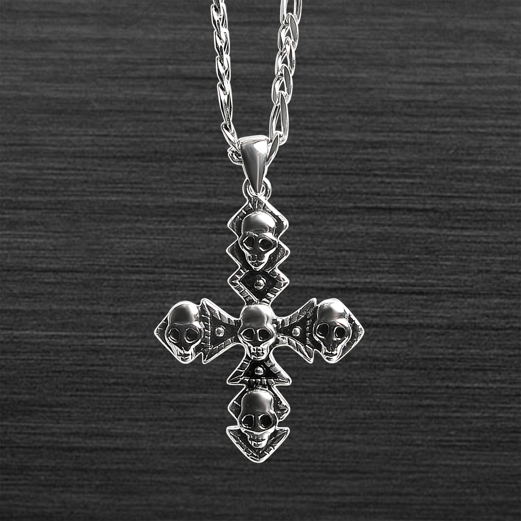 Stainless Steel Multi SKULL Cross Pendant Figaro Chain Necklace / PDK0133-RTL